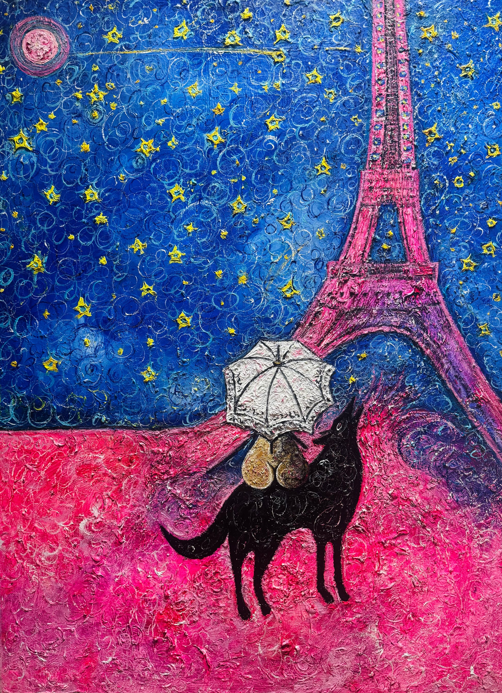 Paris Dreams - Original Wolf & Eiffel Tower Painting | Mystical Art by Limaxart