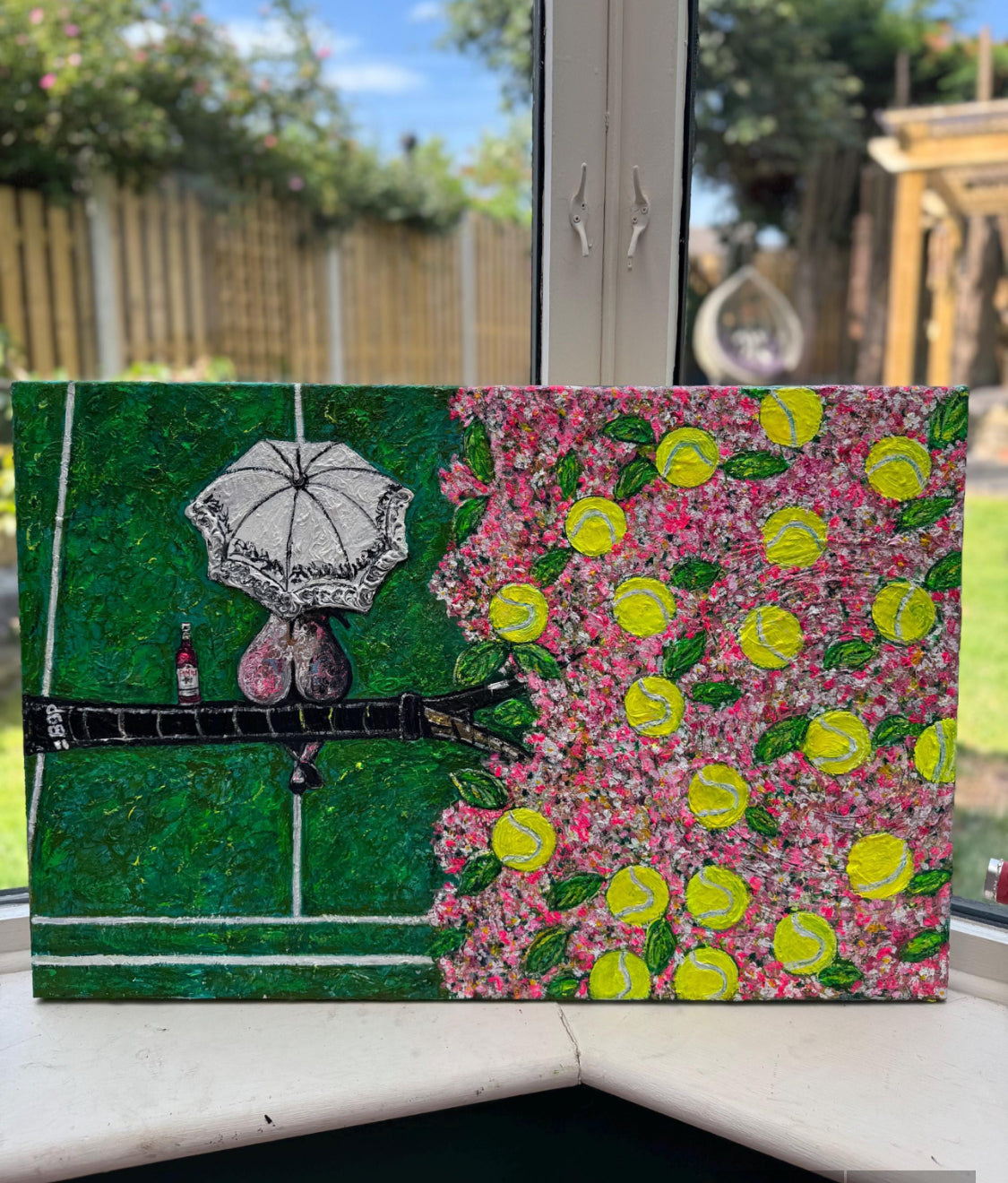 Wimbledon Cherry Blossom Woman - Original Textured Oil Painting | Surreal Tennis