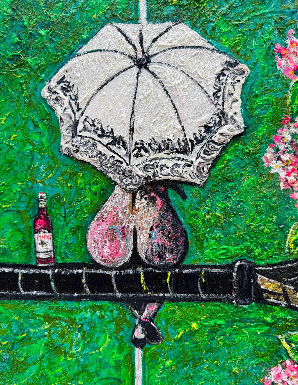 Wimbledon Cherry Blossom Woman - Original Textured Oil Painting | Surreal Tennis