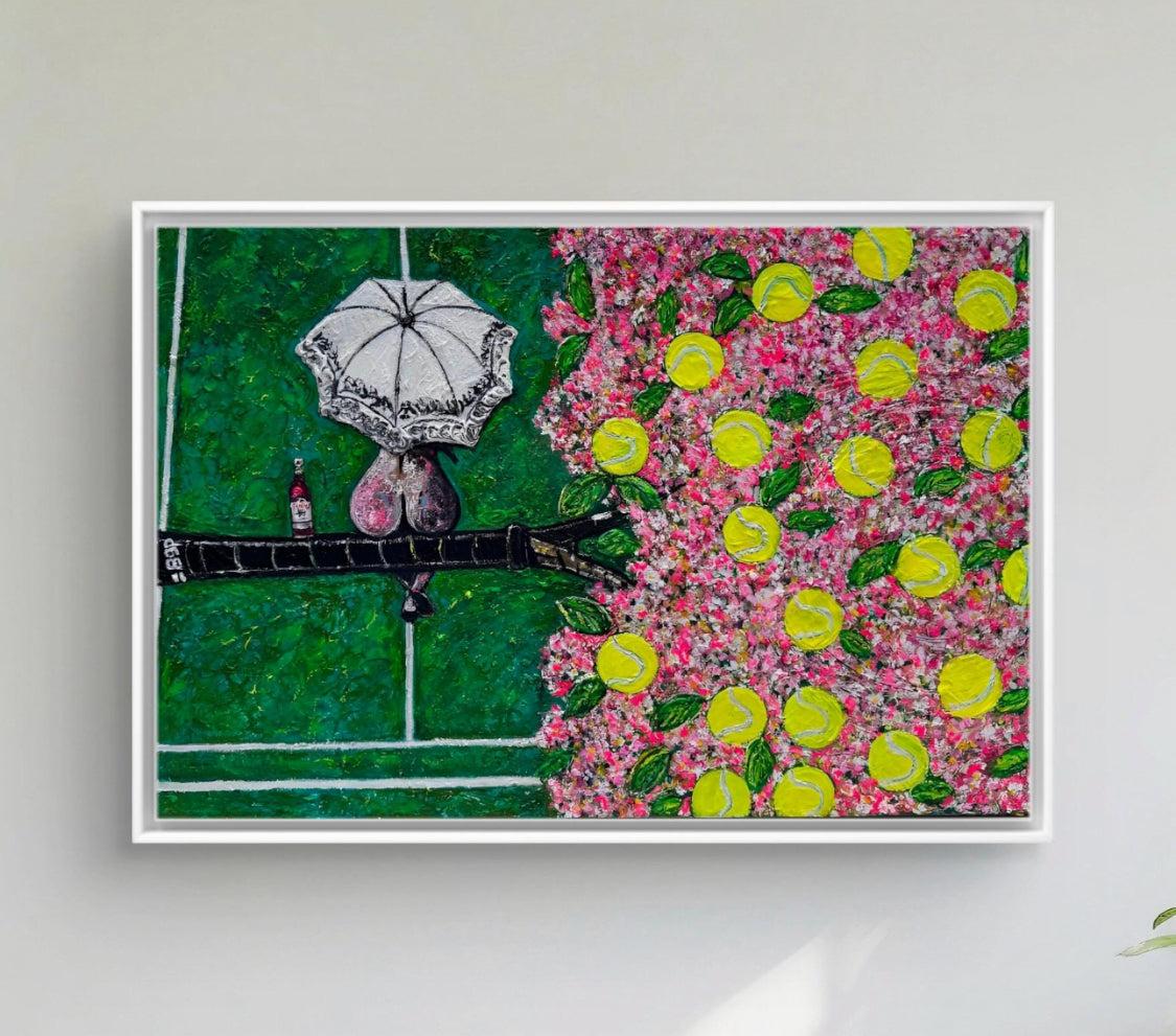 Wimbledon Cherry Blossom Woman - Original Textured Oil Painting | Surreal Tennis
