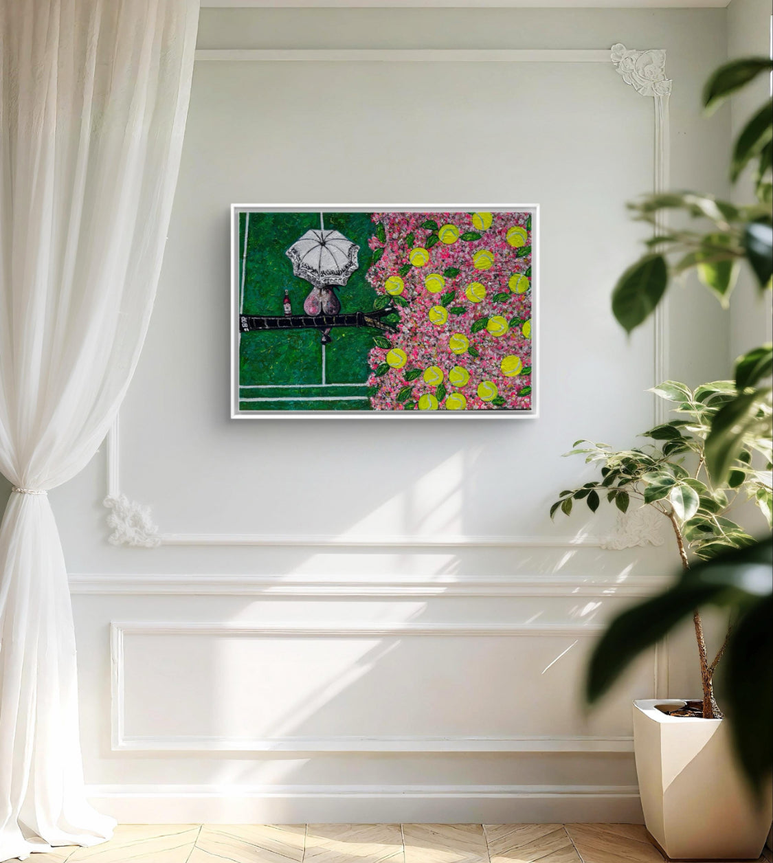 Wimbledon Cherry Blossom Woman - Original Textured Oil Painting | Surreal Tennis