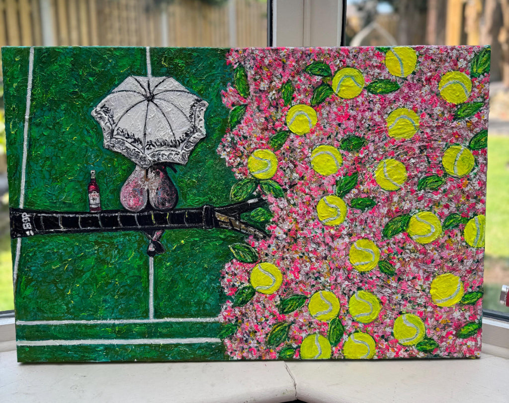 Wimbledon Cherry Blossom Woman - Original Textured Oil Painting | Surreal Tennis