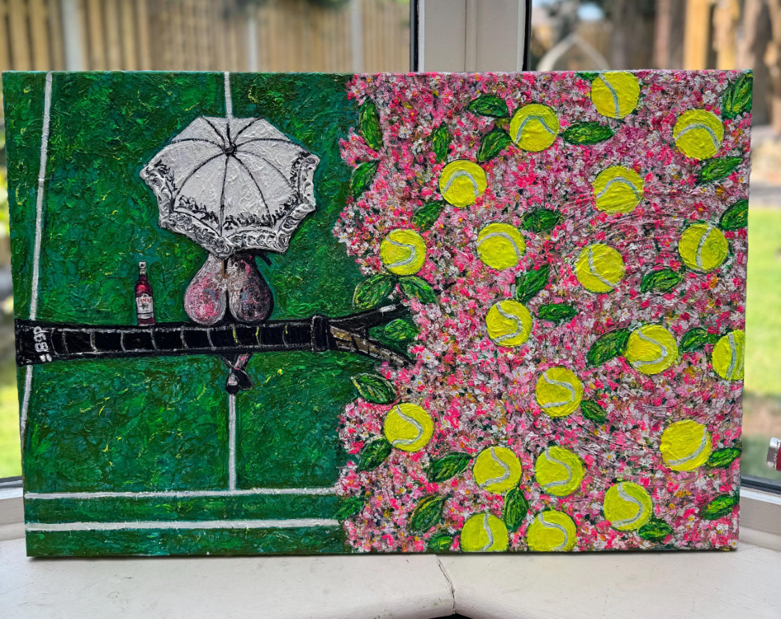 Wimbledon Cherry Blossom Woman - Original Textured Oil Painting | Surreal Tennis